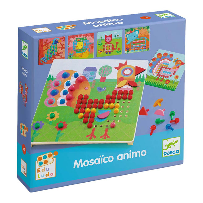Djeco mozaïekpuzzel dieren verpakking met voorbeelden van dierenfiguren.