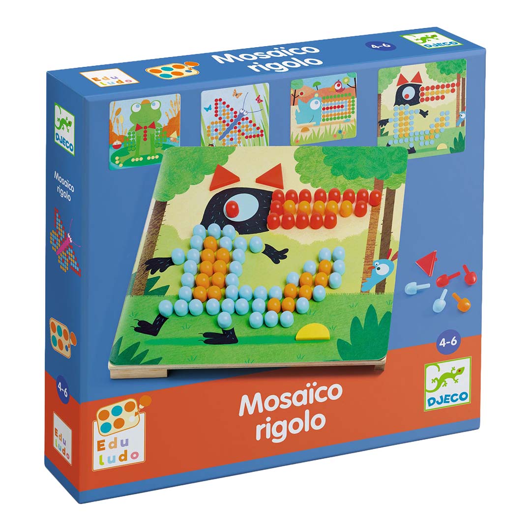 Verpakking van de Djeco Mosaico Rigolo mozaïekpuzzel met afbeeldingen van diverse dierenfiguren.