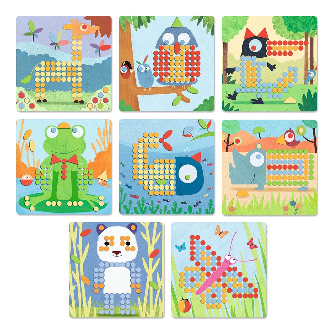 Collectie van acht voorbeeldkaarten voor de mozaïekpuzzel met verschillende dierenfiguren zoals een giraffe, uil en vlinder.