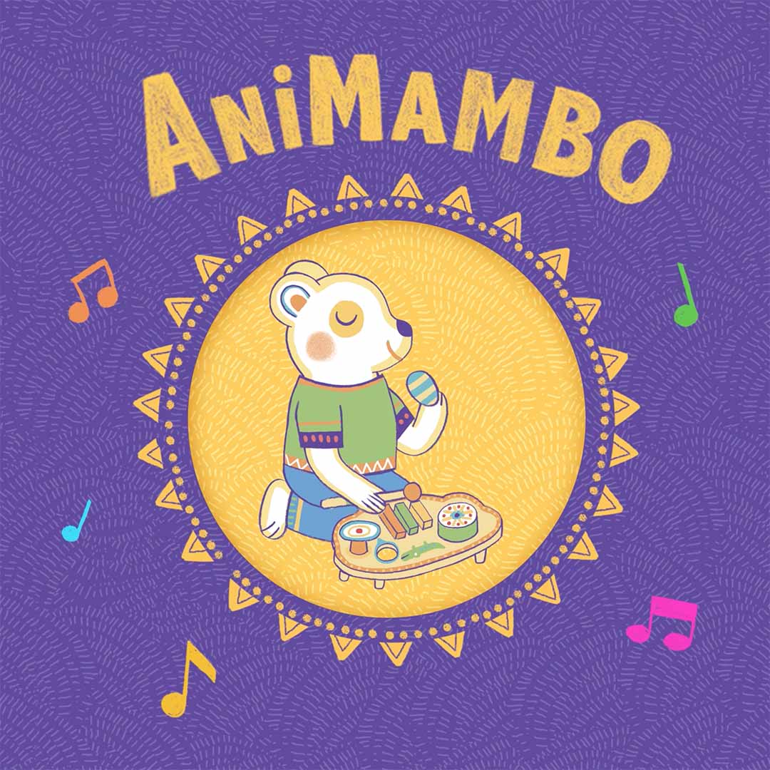Illustratie van een beer die op de Animambo muziekinstrumentenset speelt, met de tekst 'AniMAMBO' op een paarse achtergrond.