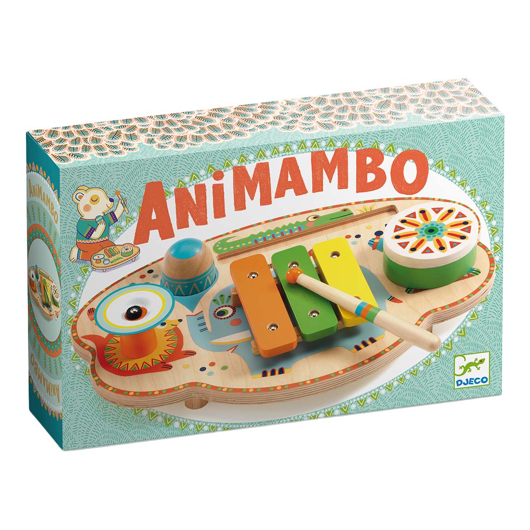 De verpakking van de Djeco Animambo houten muziekinstrumentenset, met het product afgebeeld op de voorkant.