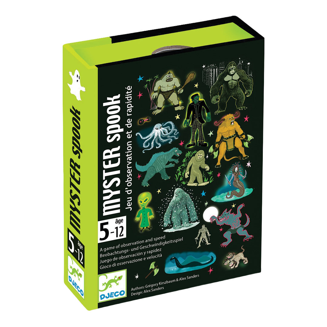 Djeco observatie kaartspel Myster Spook verpakking met diverse monsterfiguren.