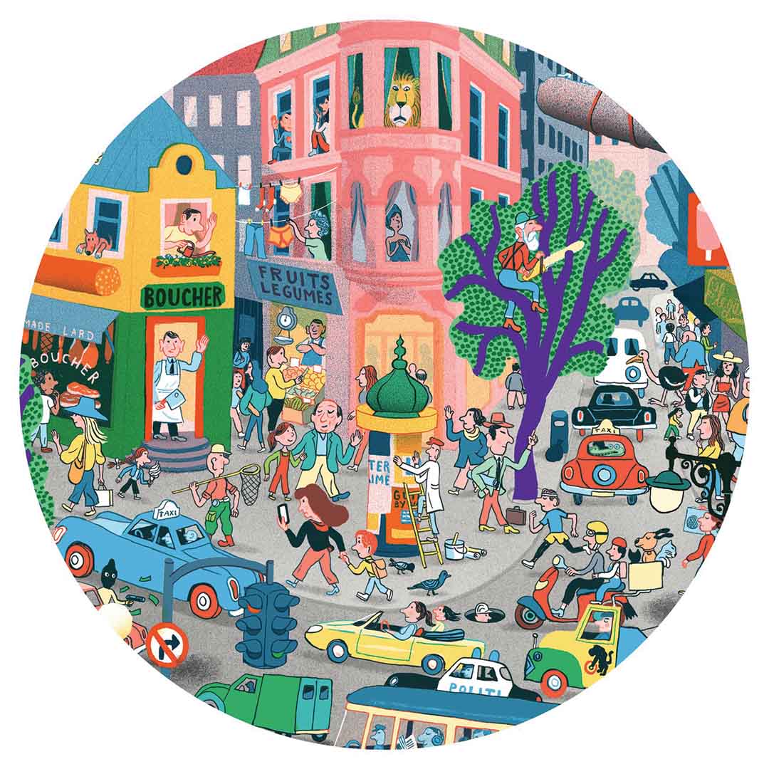Rond detail van de Djeco observatiepuzzel 'De Stad', met een drukke straathoek en gebouwen.
