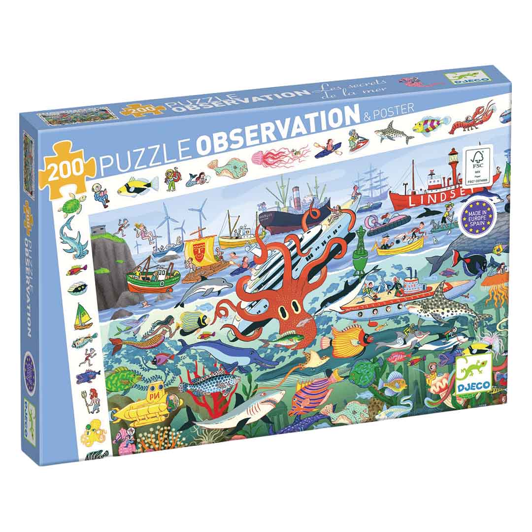 Djeco observatiepuzzel geheimen van de zee verpakking met een illustratie van een drukke onderwaterwereld.