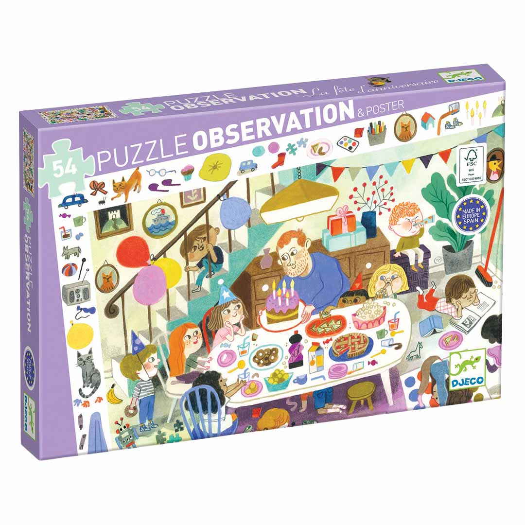 Djeco observatiepuzzel verjaardagsfeest, de paarse verpakking met 54 stukjes.