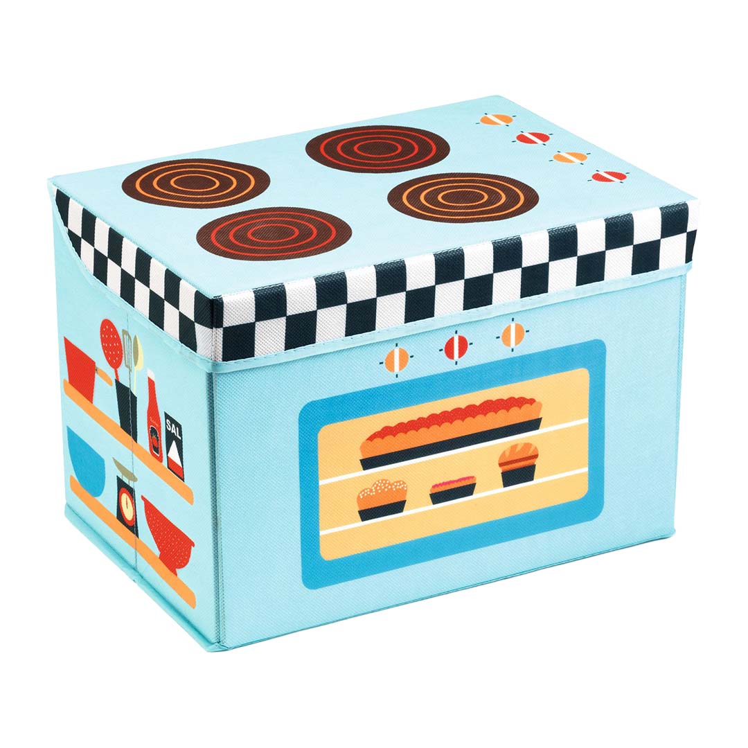 Djeco opbergpoef in de vorm van een blauw fornuis met kookplaten en een oven.