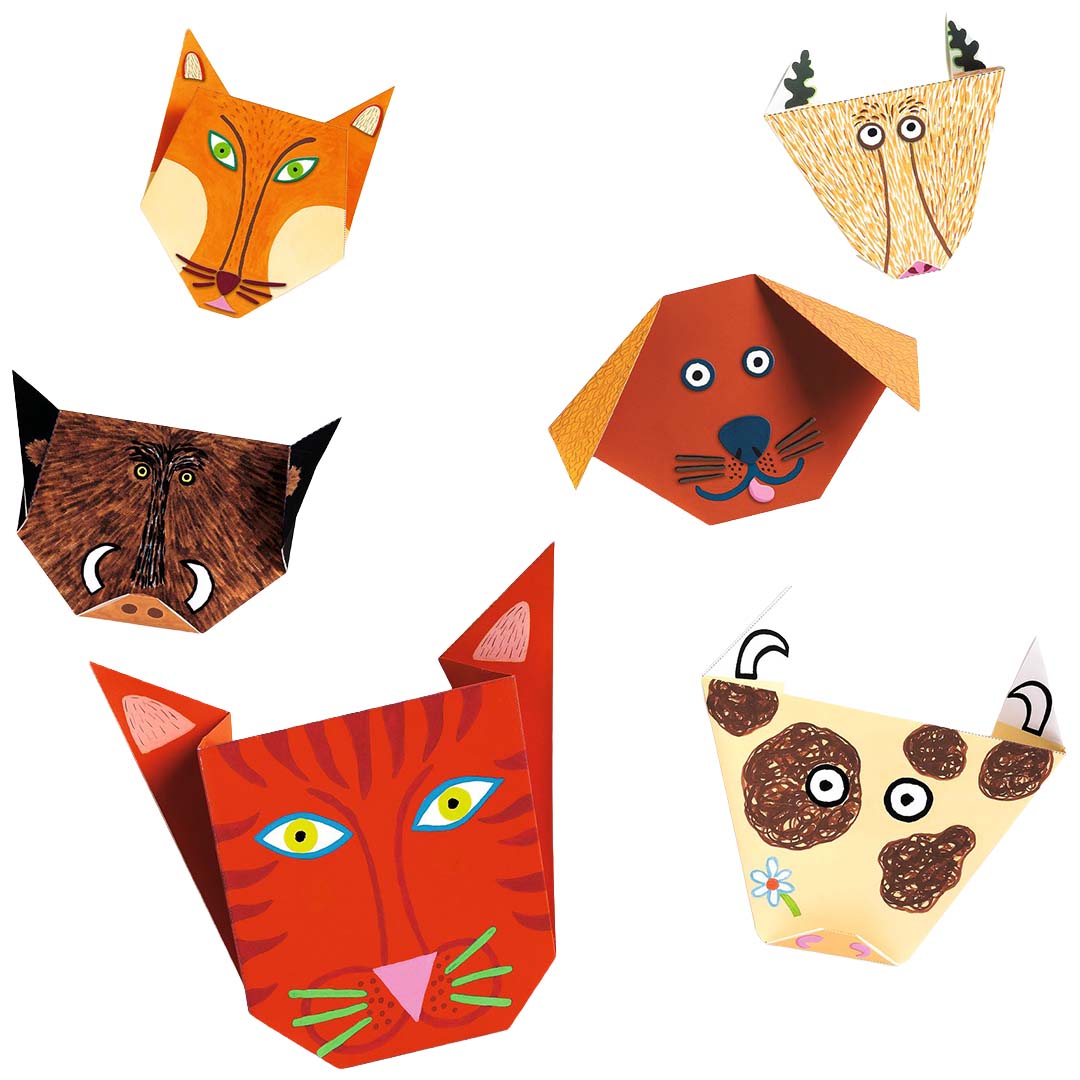 Collectie van zes verschillende Djeco origami dierenhoofden, waaronder een vos, hond, tijger en wild zwijn.