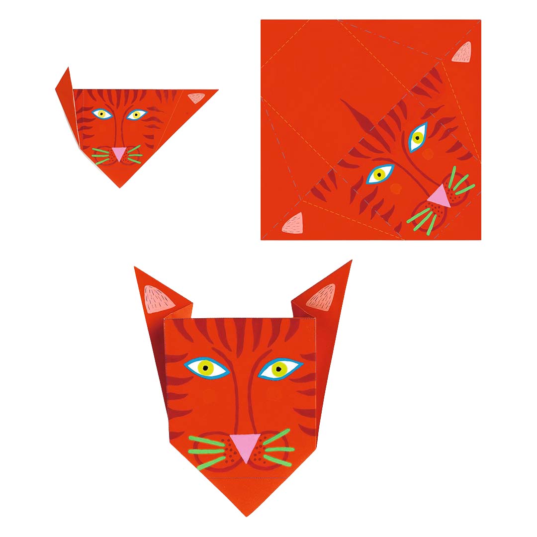 Detail van de Djeco origami hobbyset met de stappen om een rood tijgerhoofd te vouwen.