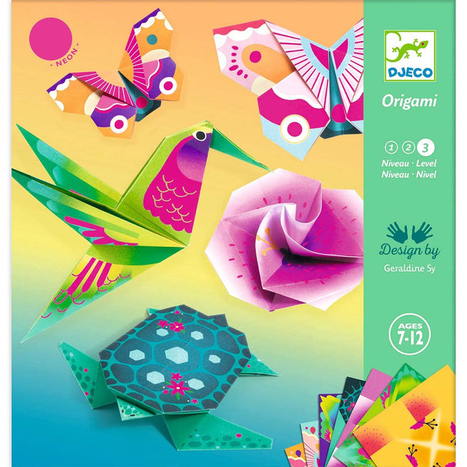 De verpakking van de Djeco origami set met tropische dieren en bloemen in neonkleuren.
