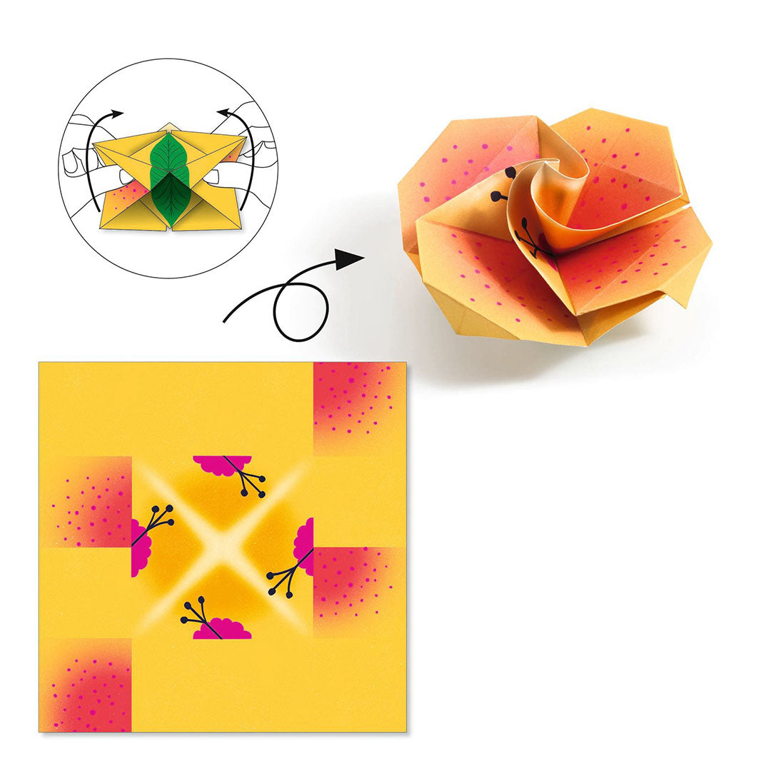 Een instructieafbeelding voor het vouwen van een oranje Djeco origami bloem.