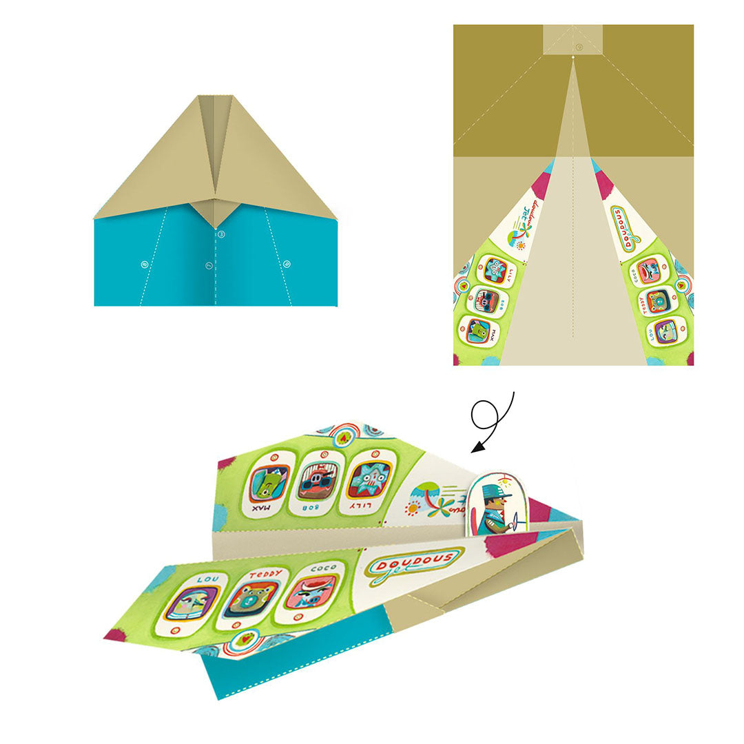 Infographic met stapsgewijze instructies voor het vouwen van een Djeco origami vliegtuig.
