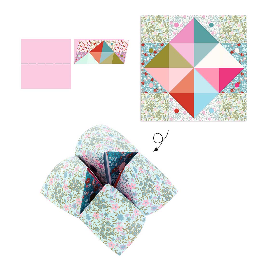 Instructieafbeelding voor het vouwen van een origami vogelspel met een patroon van bloemen en geometrische vormen.