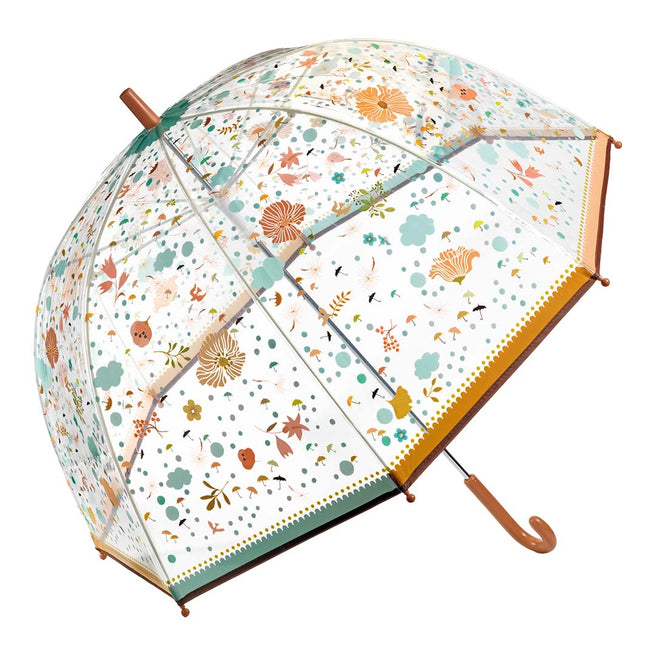 Djeco volwassenen paraplu met een transparant doek en een patroon van kleine bloemen en bladeren.