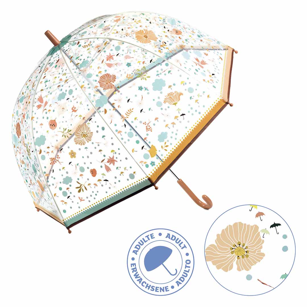 Djeco volwassenen paraplu met een infographic die de doelgroep 'adult' en een detail van het bloemenpatroon toont.