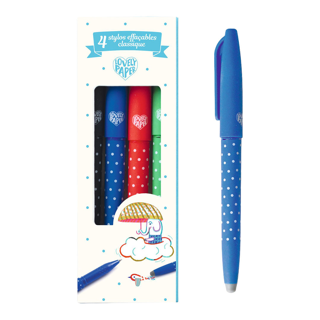 Djeco set met 4 uitwisbare pennen met stippenpatroon, met één blauwe pen ernaast.