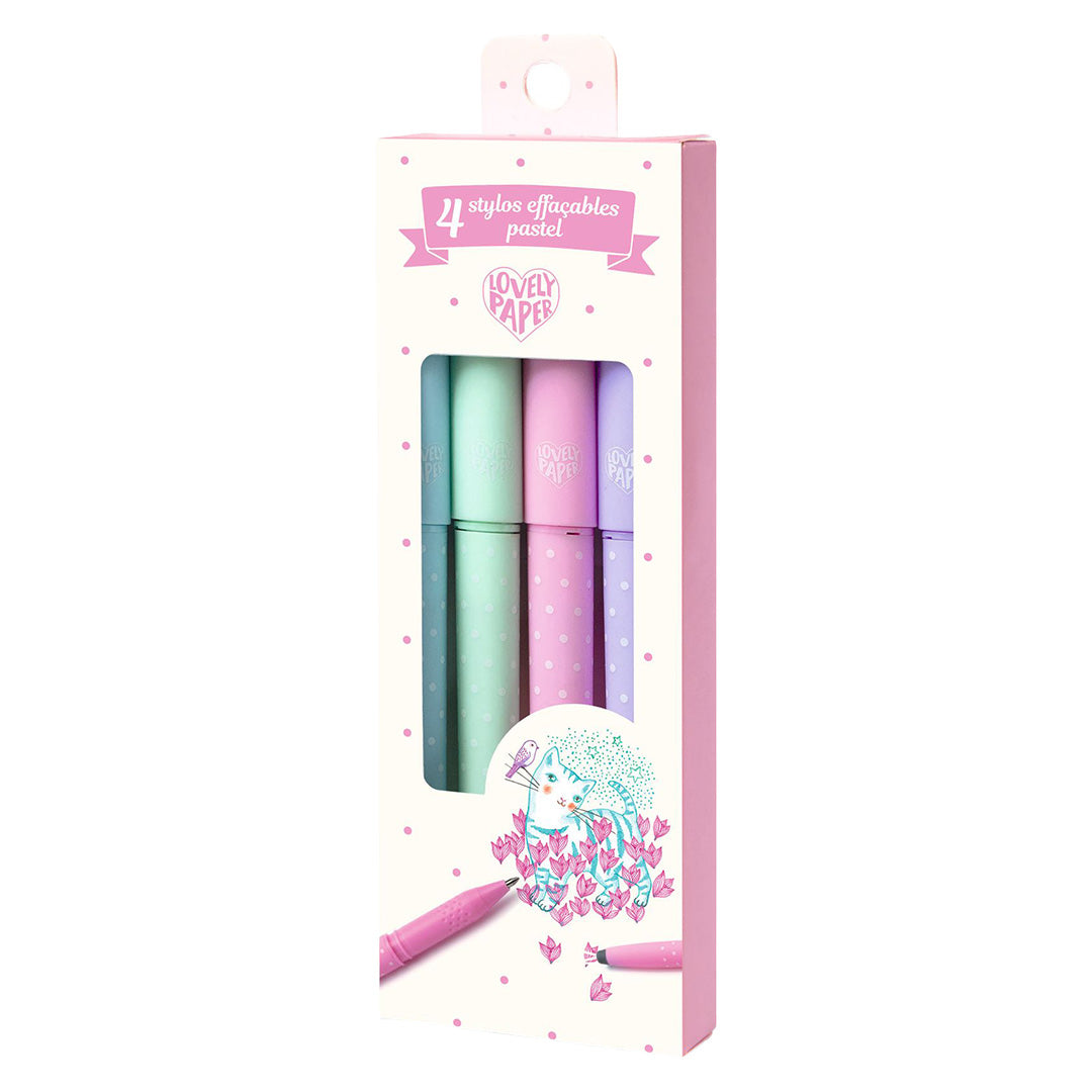 Djeco verpakking met vier uitwisbare pennen in pastelkleuren en een kattenillustratie.
