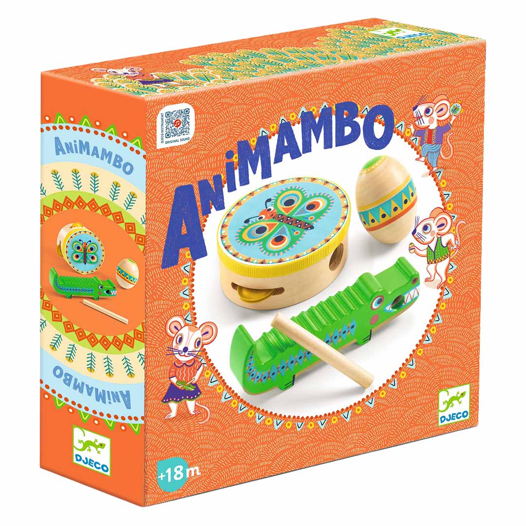 De schuine productverpakking van de Djeco Animambo percussie set met muizen en instrumenten.