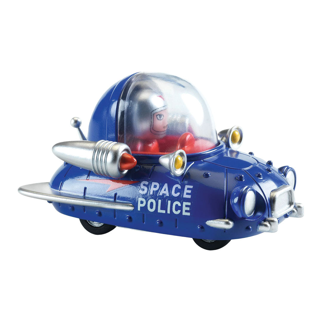 Djeco 'Space Police' speelgoedauto met een astronaut in een koepel.