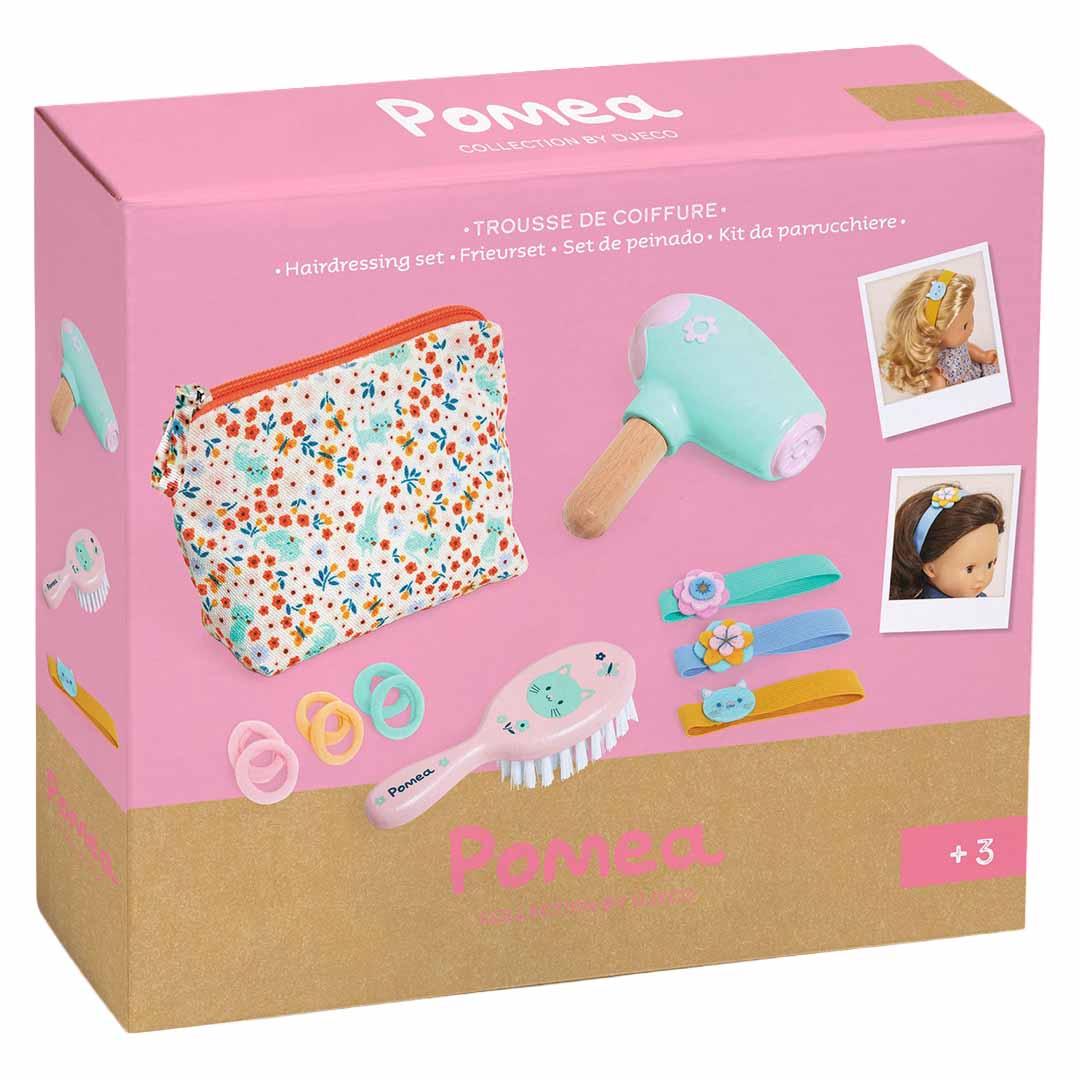 Verpakking van de Djeco Pomea poppen haarstyling set met föhn, borstel, haarbanden en etui.