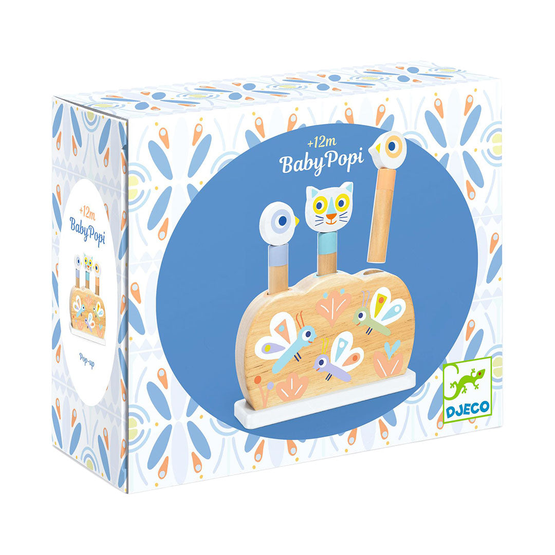 Djeco verpakking van de Baby Popi houten pop-up puzzel.
