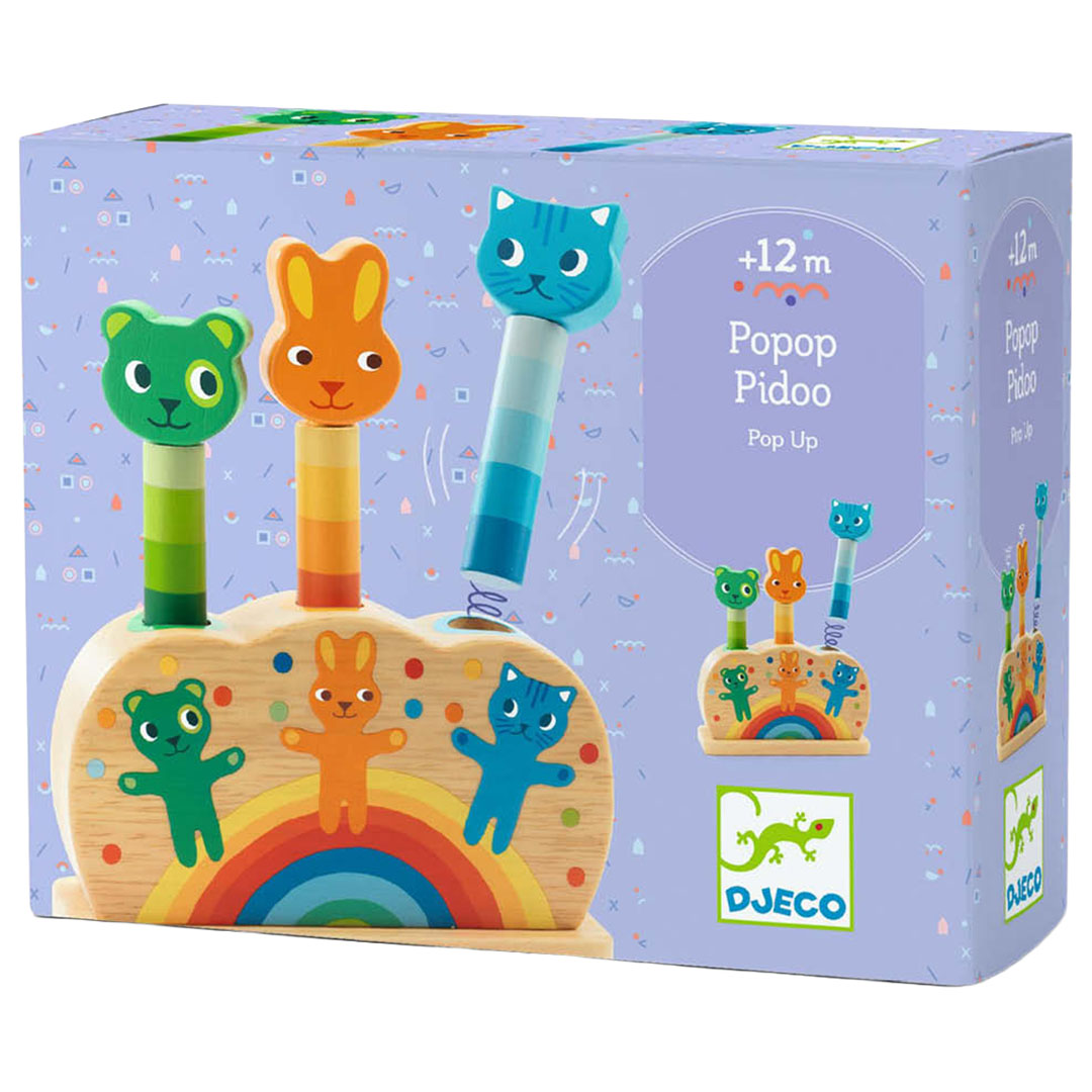 De verpakking van het Djeco Popop Pidoo houten pop-up speelgoed met dieren en een regenboog.