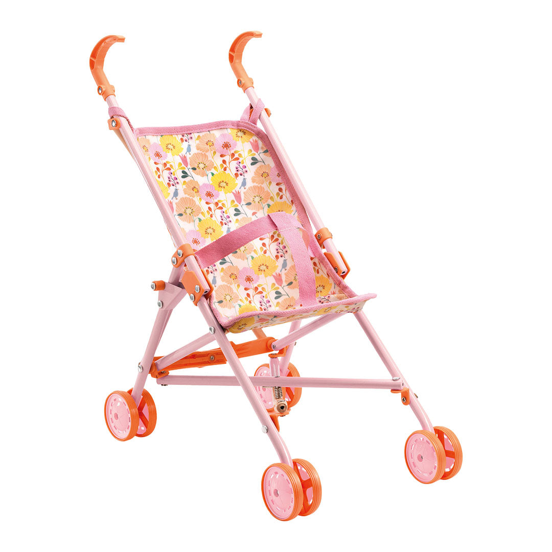 Djeco roze poppenbuggy met bloemenpatroon.