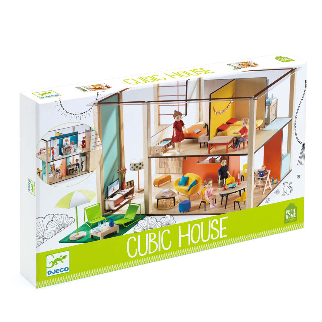 Verpakking van het Djeco houten poppenhuis 'Cubic House'.