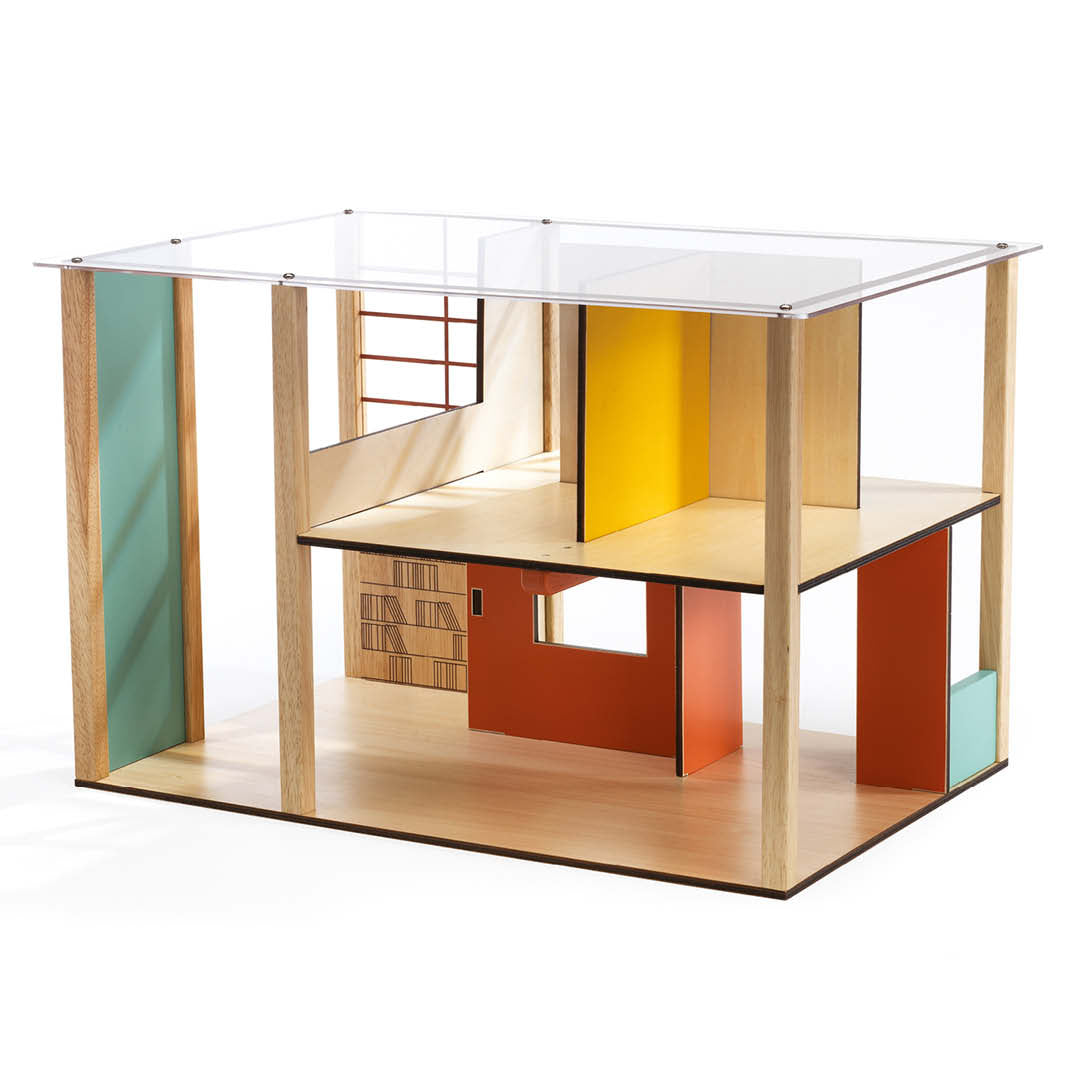 Leeg Djeco houten poppenhuis met twee verdiepingen en gekleurde wanden.