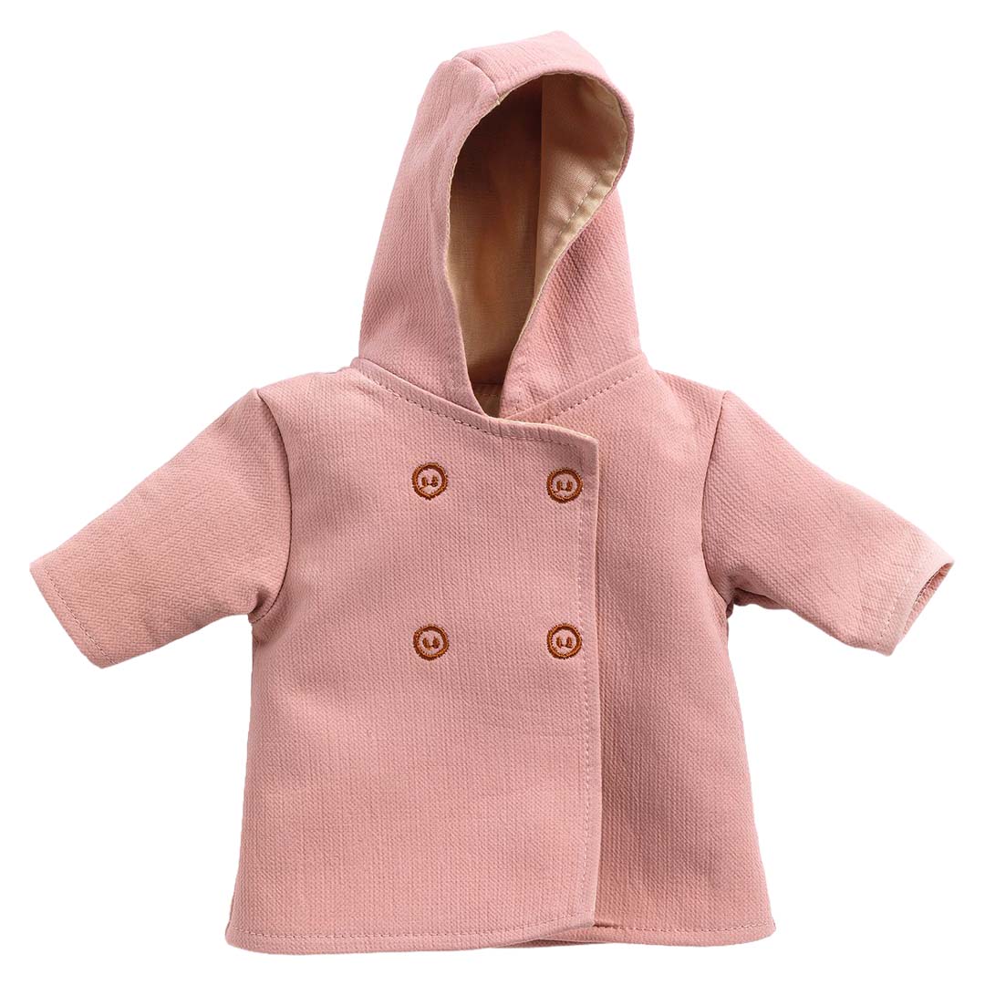 Djeco roze poppenjas met capuchon en vier knopen.