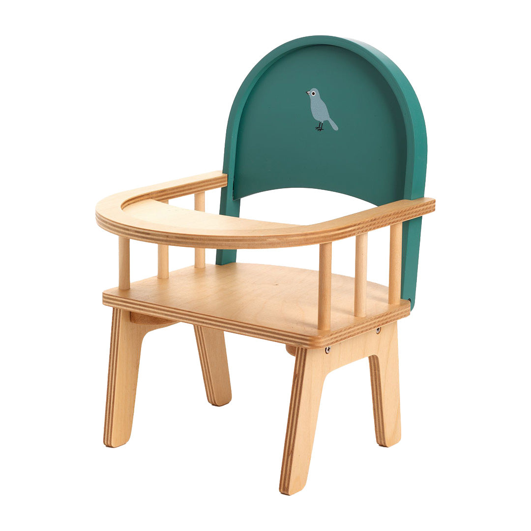 Djeco houten poppenstoel met groene rugleuning en vogelpatroon.