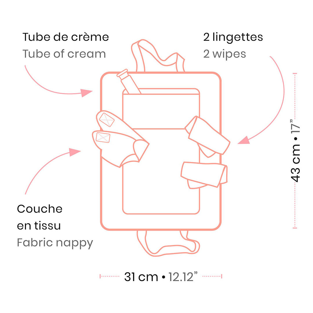 Infographic van de poppenverschoonset met de afmetingen en onderdelen zoals een tube crème, doekjes en stoffen luier.