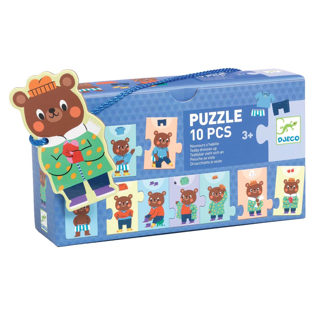 Djeco puzzelverpakking van 'Nounours kleedt zich aan' met een beer en 10 stukjes.