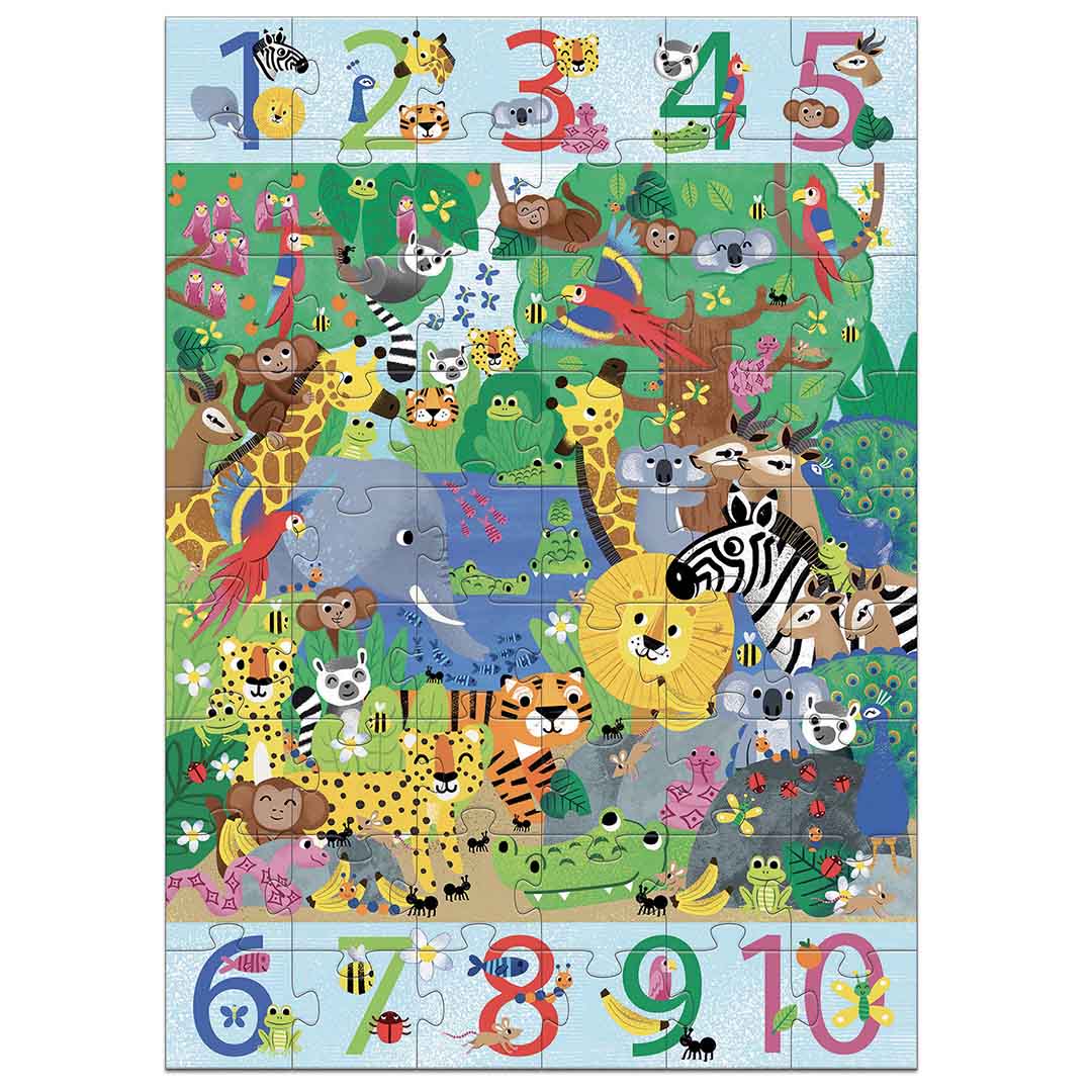 Djeco legpuzzel van 54 stukjes met een jungletafereel vol dieren en de cijfers 1 tot 10.