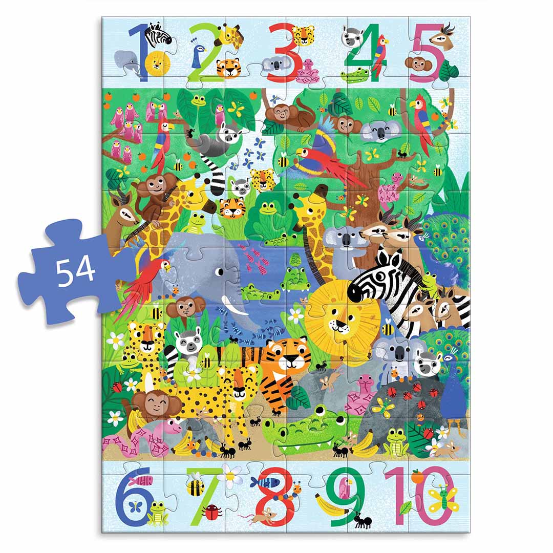 Djeco legpuzzel met jungle dieren en cijfers 1 tot 10, met één los puzzelstukje 54 ernaast.