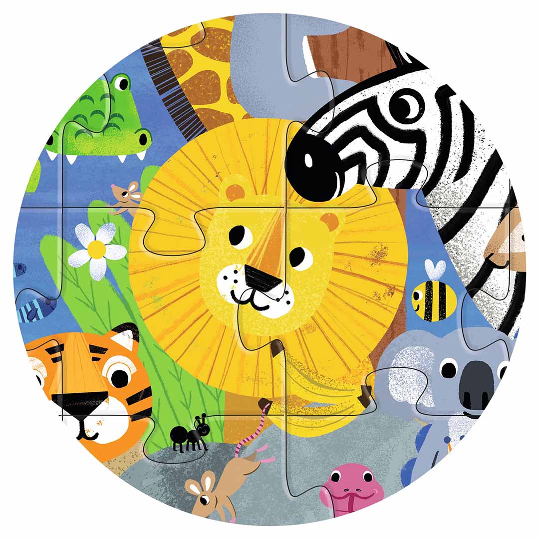 Detail van de Djeco jungle legpuzzel met een leeuw, zebra, tijger en andere dieren.
