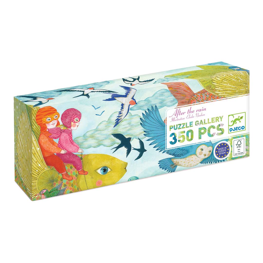 Djeco legpuzzel 'After the Rain' verpakking met illustratie van vliegende kinderen op een vis en vogels.