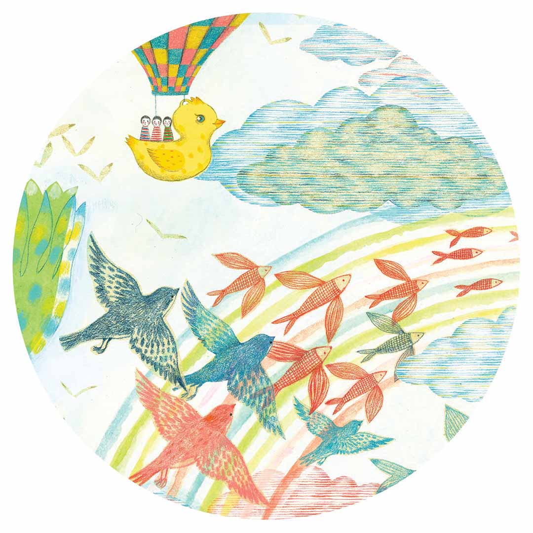 Detail van de legpuzzelillustratie met een eend-heteluchtballon, vliegende vogels en vissen, en een regenboog.