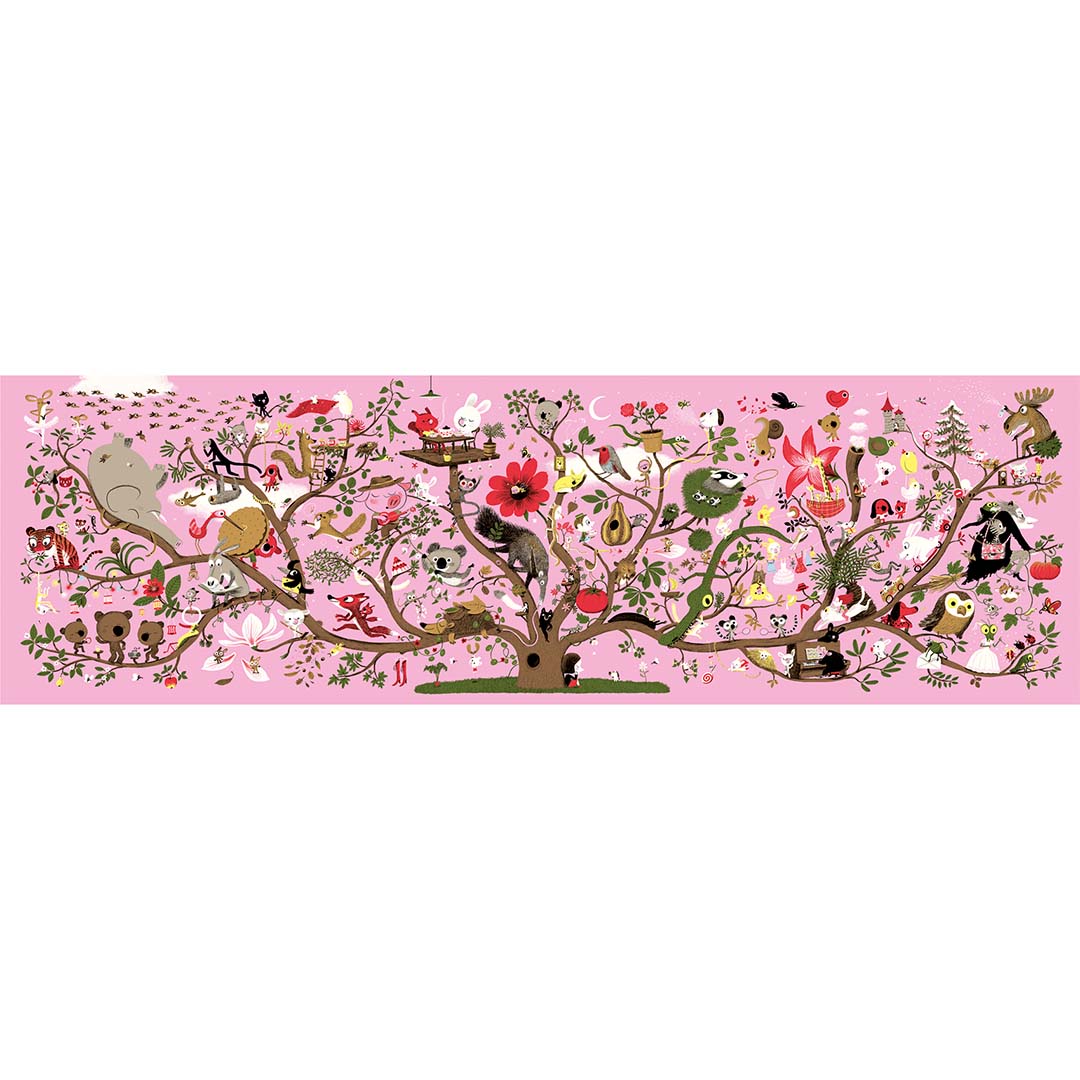 De complete Djeco Arbracadabra legpuzzel van 200 stukjes, een brede illustratie van een roze boom vol dieren en bloemen.