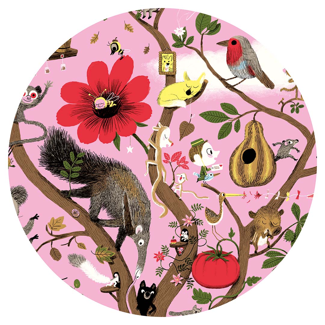 Detail van de legpuzzel met een miereter, vogel en bij in een boom met rode bloemen op een roze achtergrond.