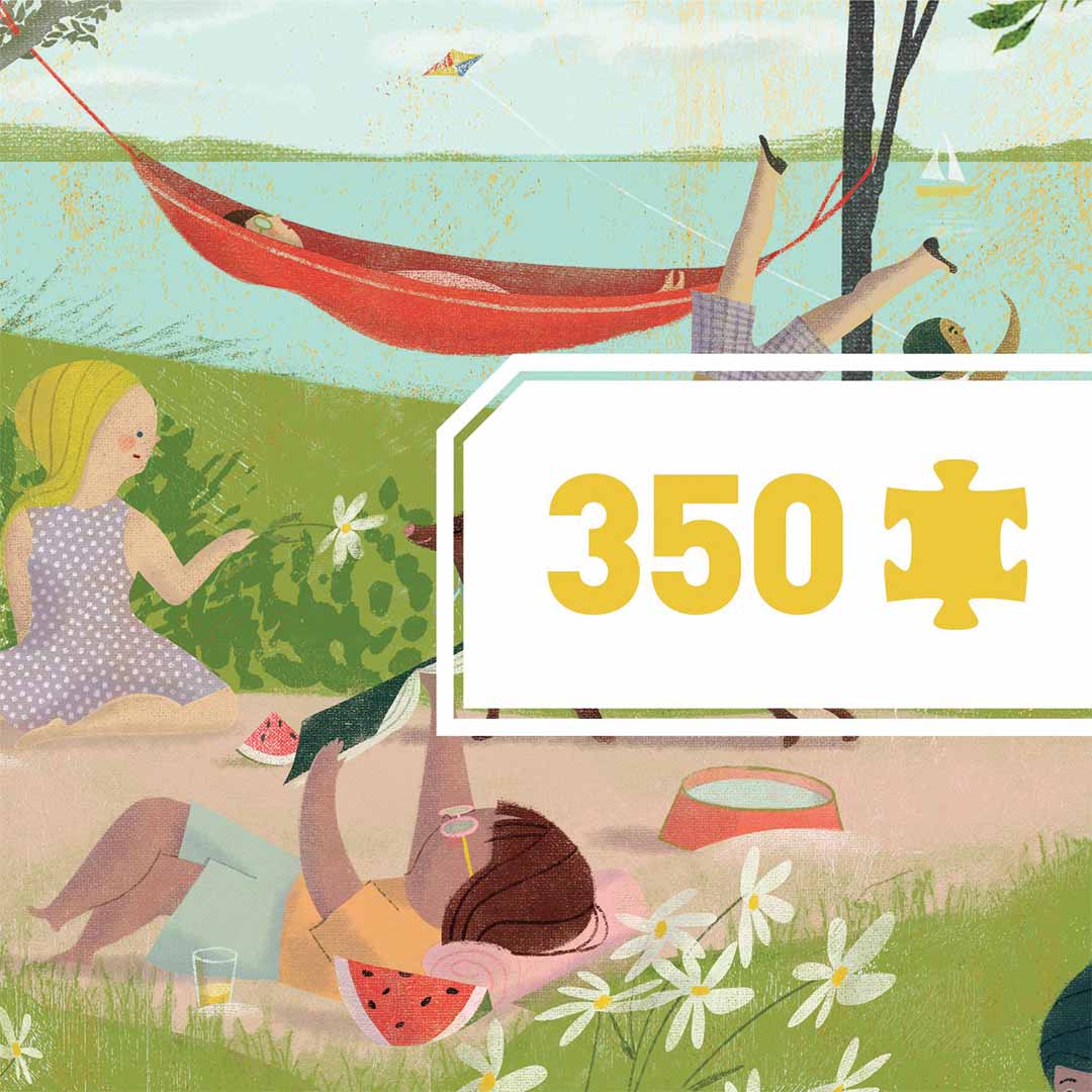 Detail van de legpuzzelillustratie met een rode hangmat en de tekst '350' met een puzzelstukje.