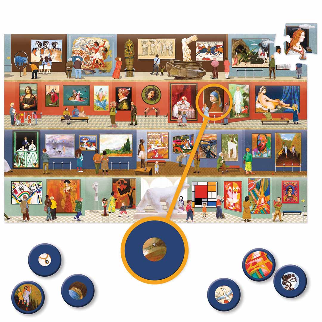 Djeco 500-delige observatiepuzzel met museumscène en detailtokens die het observatiespel uitleggen.