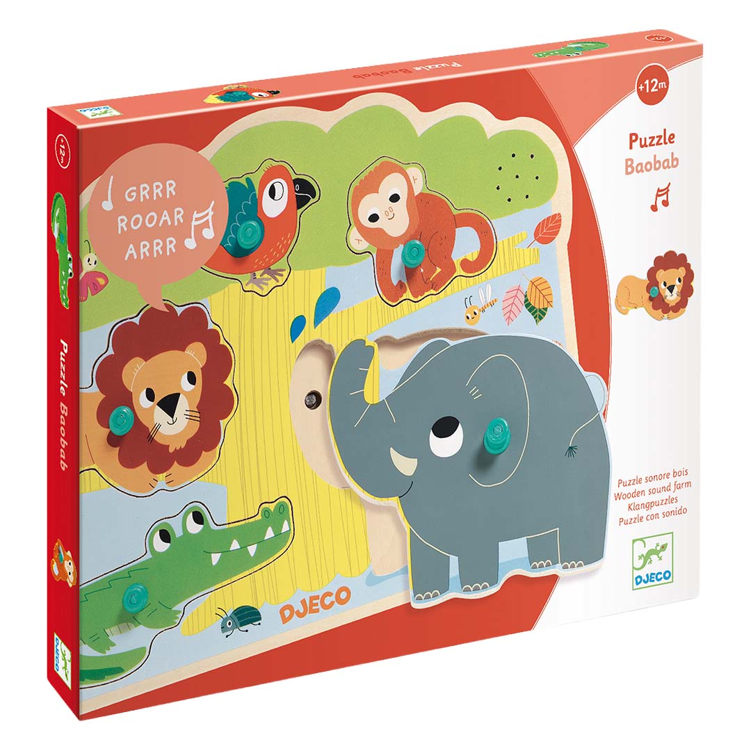Verpakking van de Djeco houten dierenpuzzel Baobab met geluid.