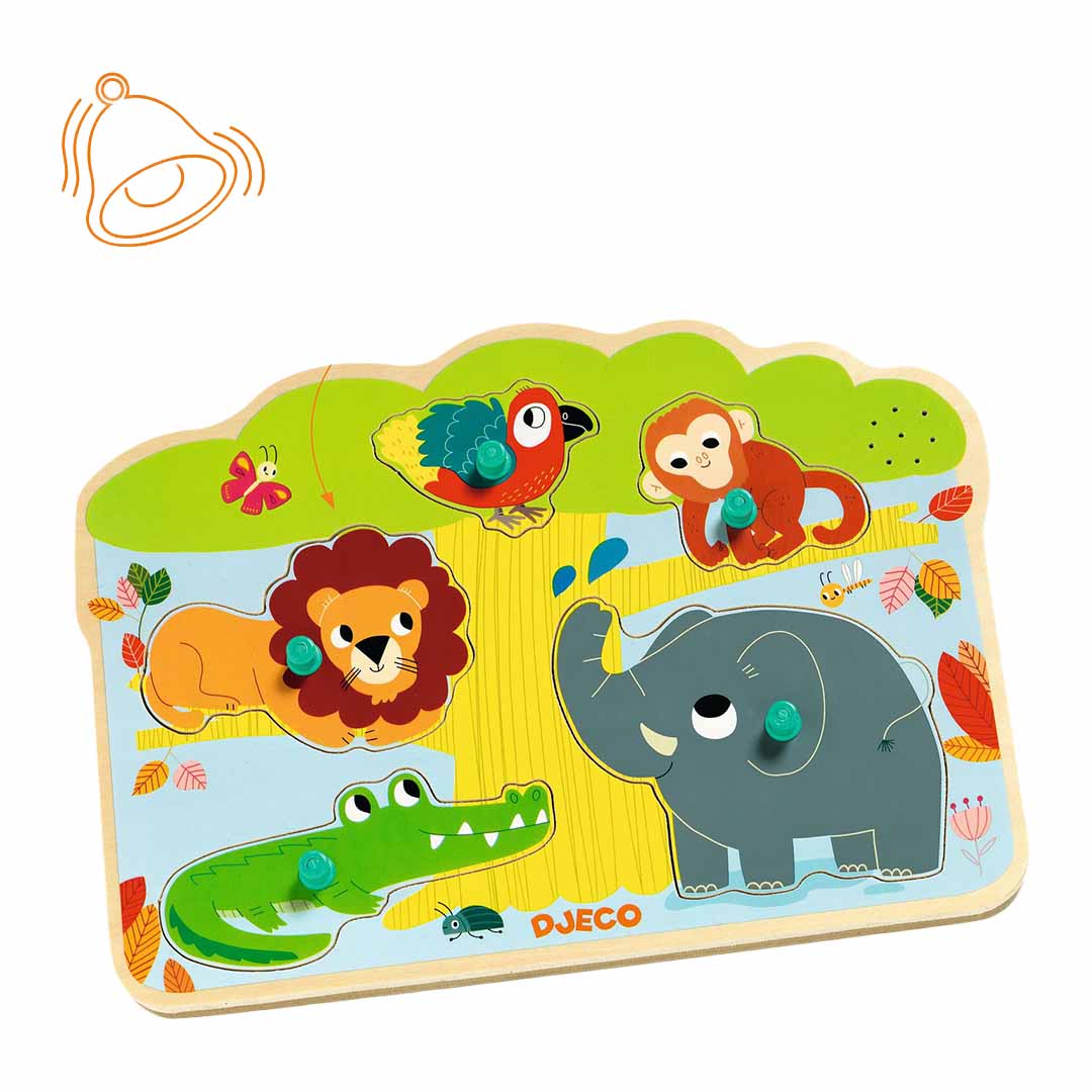 Djeco houten dierenpuzzel met geluid, met een leeuw, krokodil, papegaai, aap en olifant.