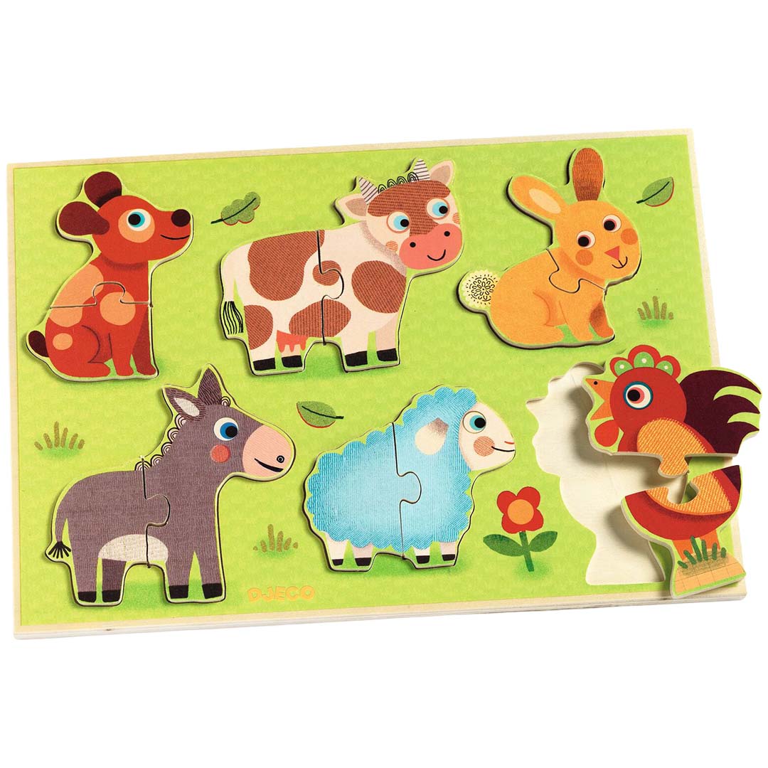 Djeco houten puzzel met zes boerderijdieren zoals een hond, koe en konijn.