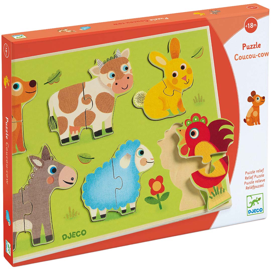 Verpakking van de Djeco houten puzzel met boerderijdieren.