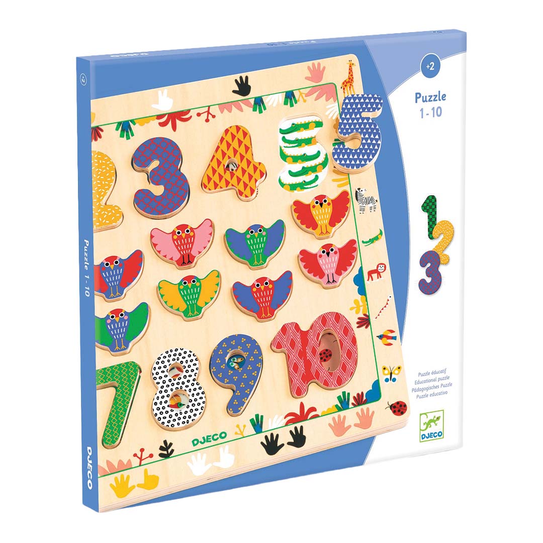 De verpakking van de Djeco houten cijferpuzzel 1-10.
