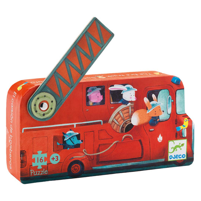 Djeco legpuzzel verpakking in de vorm van een rode brandweerwagen met dieren.