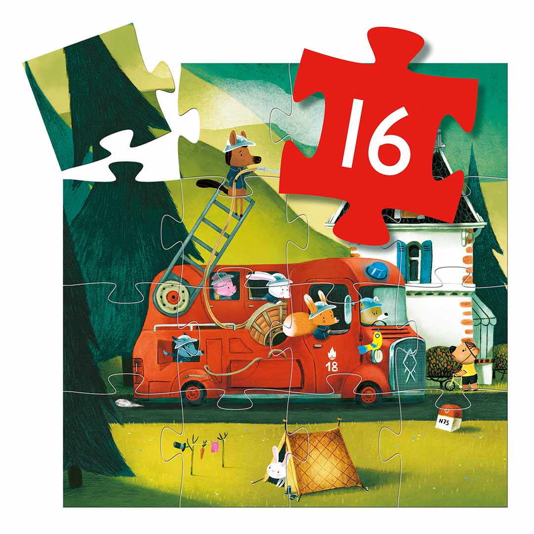 Infographic van de Djeco legpuzzel met een brandweerwagen en dieren, waarop het aantal van 16 stukjes wordt getoond.