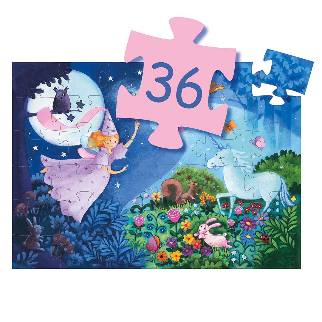 Djeco legpuzzel met een fee en eenhoorn, met een infographic die het aantal van 36 puzzelstukjes toont.