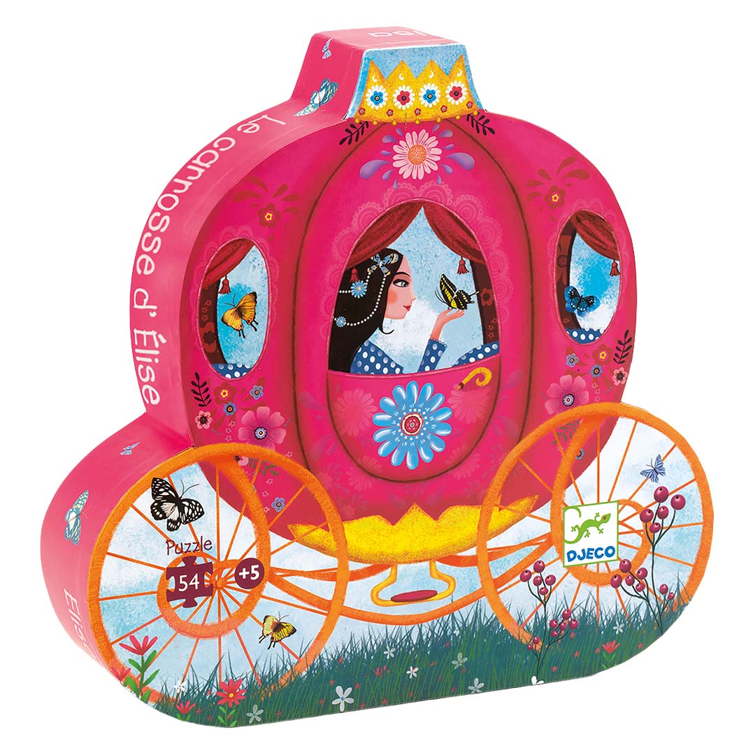 Djeco puzzelverpakking in de vorm van een roze prinsessenkoets met een prinses erin.